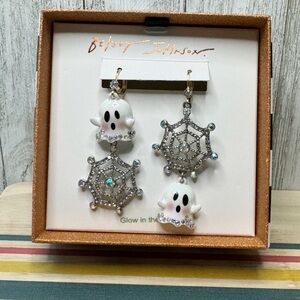 Betsey Johnson Ghost and Spider Webb Halloween Earrings. New in Box. Rhinestones